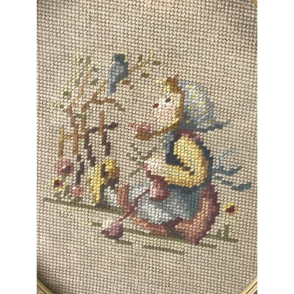 Hummel Framed Needlepoint Picture Little Girl w Bird 70s Vintage Crewel - Picture 2 of 6